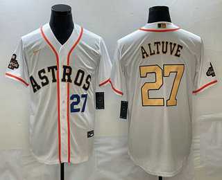 Mens Houston Astros #27 Jose Altuve Number 2023 White Gold World Serise Champions Patch Cool Base Stitched Jersey